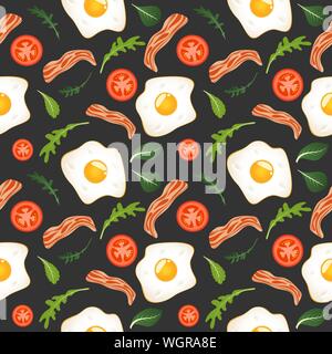 Motif transparent sur fond sombre avec les œufs, bacon, laitue et tomates. Omelettes, œufs brouillés. Nourriture du petit déjeuner. Vector illustration. Illustration de Vecteur