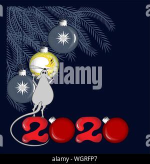 Bonne Année. Boules de Noël bleu sur bleu branches de conifères et chiffres rouges 2020 sur un fond bleu de près. La souris grise se dresse sur ses pattes arrière sur l'inscription et atteint pour la balle jaune. Illustration de Vecteur