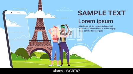 Les femmes prenant des photos sur l'appareil photo du téléphone cellulaire selfies race mix girls standing ensemble travel concept paris abstract silhouette ville smartphone d'arrière-plan Illustration de Vecteur