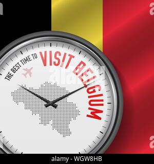 Le meilleur moment pour visiter la Belgique. Voyage Belgique. Vol touristique. Waving Flag Background and Dots Pattern Map sur le cadran. Vector Illustration. Illustration de Vecteur