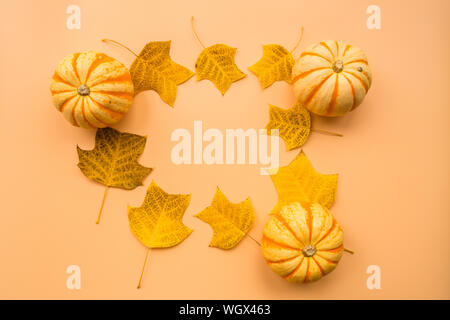 Automne cadre fait de citrouilles et les feuilles tombées sur fond orange pastel. Automne, Halloween et Thanksgiving concept. Stock style télévision lay Banque D'Images