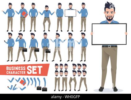 Caractères d'affaires vector set avec une tenue de bureau professionnel businessman wearing holding white board et ont pose des gestes et pour la présentation. Illustration de Vecteur