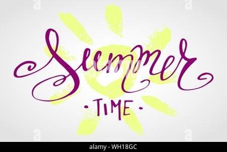 Hello Summer lettrage. Caligraphy dessiné à la main. L'affiche de l'été à la main. L'élément de conception pour les saisonniers des bannières, t-shirts, cartes. Vector illustration Illustration de Vecteur