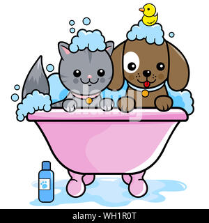 Illustration d'un chien et un chat dans une baignoire prenant un bain moussant. Banque D'Images