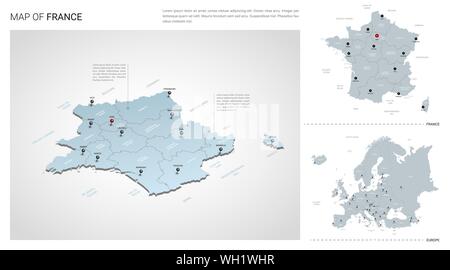 Vector set de France Pays. Carte en 3D isométrique, carte de France, carte Europe - avec la région, l'Etat et les noms les noms de ville. Illustration de Vecteur