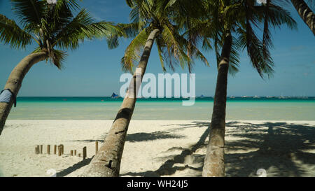 Sandy plage tropicale avec palmiers et la mer bleue contre le ciel. Billet d'été et vacances. Boracay, Philippines Banque D'Images