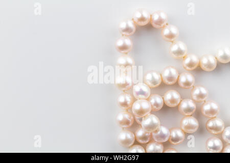 Pearl collier avec perles rose dans une chaîne isolé sur fond blanc - Top view close up photographie de véritable perles d'huîtres Banque D'Images