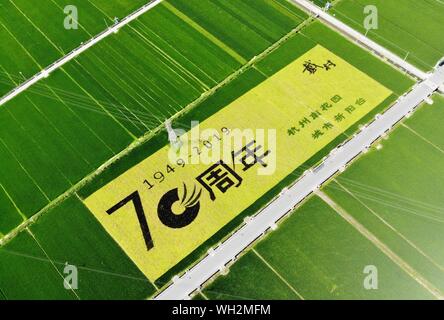 Hangzhou, Zhejiang, Chine. 2e, 2019 Sep. Zhejiang, Chine-Récemment, un géant ''Le 70e anniversaire de la fondation de la nouvelle Chine''-riz de couleur peinture paru dans près de mille-mu de riz dans le champ écologique, Xiaoshan Hangzhou, Zhejiang. Le riz a été peint peint avec la terre comme d'une toile, et peint avec des pigments de couleur que le riz, et les personnages et les modèles d'un grand nombre de formes différentes ont été décrites, et le ''1949-2019'' a été supervisé par le haut lieu. La ''70ème anniversaire'' modèle est particulièrement frappant, en vue de l'œil. Crédit : SIPA Asie/ZUMA/Alamy Fil Live News Banque D'Images