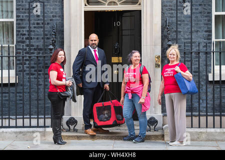 Eileen Jones (à droite) qui gère les amis des animaux au pays de Galles et ses collègues livrer un 15 semaines chiot Jack Russell-cross adopté par le premier ministre Boris Johnson et son partenaire Carrie Symonds à Downing Street, Londres. Banque D'Images