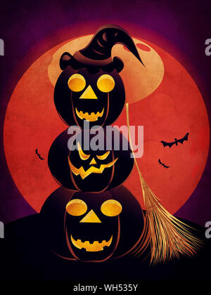 Illustration de citrouilles d'halloween avec des silhouettes lune rouge arrière-plan. Banque D'Images