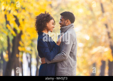 African American couple cuddling in autumn park Banque D'Images