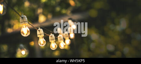 Outdoor party string lights hanging in backyard sur fond flou vert with copy space Banque D'Images