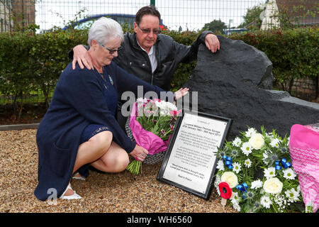 Ardrossan, UK. 2 septembre 2029. Ayrshire du Nord Conseil, l'Ecosse a érigé un mémorial pierre dans le parc de Stanley, l'école primaire d'Ardrossan, en hommage à William SAVAGE, caporal au Régiment Royal d'Écosse et ancien élève de l'école, qui a été tué dans l'action avec deux collègues dans l'explosion d'une bombe le 30 avril 2023 alors qu'en service actif en Afghanistan. Credit : Findlay/Alamy Live News Banque D'Images