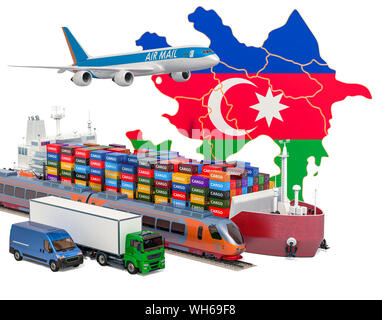 L'expédition de fret et le transport des marchandises en Azerbaïdjan par bateau, avion, train, camion et van. Le rendu 3D isolé sur fond blanc Banque D'Images