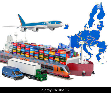 L'expédition de fret et le transport des marchandises dans l'Union européenne par bateau, avion, train, camion et van. Le rendu 3D Banque D'Images