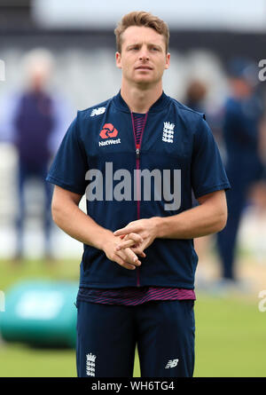 England's Jos lors d'une session filets Buttler à Old Trafford, Manchester. Banque D'Images