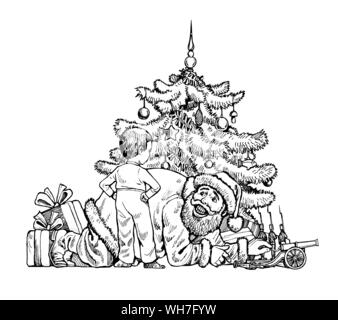 Funny Santa Claus illustration. Santa sous l'arbre de Noël. Carte de Noël. Banque D'Images