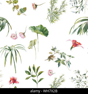 L'aquarelle de feuilles et de fleurs, motif transparent sur fond blanc Banque D'Images