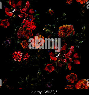 L'aquarelle de feuilles et de fleurs, motif transparent sur fond sombre Banque D'Images