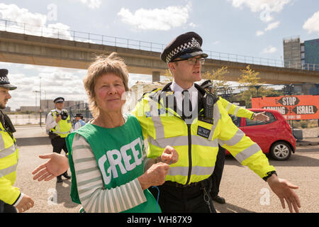 Excel Centre, London, UK. 2e, 2019 Sep. Les manifestants tentent d'arrêter un camion poids lourds entrant dans les bras juste au centre Excel. Credit : Penelope Barritt/Alamy Live News Banque D'Images