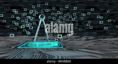 Ingénierie numérique , boussoles sur une carte avec des blocs et des hologrammes, 3d illustration Banque D'Images