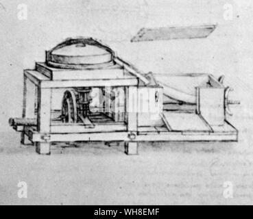 Leonardo's grain mill dispose d'un tamis cylindrique ou bolter mécanique. Dessin de Léonard de Vinci est le premier du genre. Leonardo da Vinci (1452-1519) était un architecte italien de la Renaissance, musicien, anatomiste, inventeur, ingénieur, géomètre, sculpteur et artiste. . . Banque D'Images