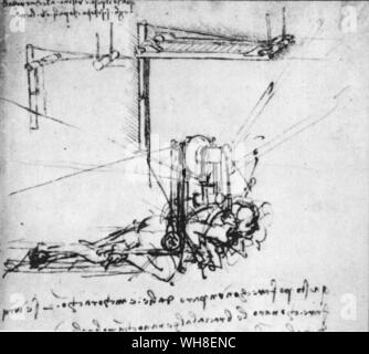 Un gouvernail comme la queue est un ajout intéressant à une autre conception de l'ornithoptère 1486-90. Le croquis montre comment le faisceau de la tête s'insère. Cet appareil a également actionné se lance à l'aide relative à la battre. Dans les notes qui accompagnent le dessin vif, Leonardo raconte comment une onithopter peut être faite avec une paire d'ailes ou avec deux. Leonardo da Vinci (1452-1519) était un architecte italien de la Renaissance, musicien, anatomiste, inventeur, ingénieur, géomètre, sculpteur et peintre. . . Banque D'Images