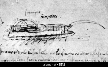 S'il arrivait que la lutte était en mer J'ai des plans pour de moteurs'. Le dessin hs été inversé délibérément pour montrer Leonardo's écrit comme dans un miroir. Le nom 'escorpio' n'est pas dans la main de Leonardo. Leonardo da Vinci (1452-1519) était un architecte italien de la Renaissance, musicien, anatomiste, inventeur, ingénieur, géomètre, sculpteur et peintre. . . Banque D'Images