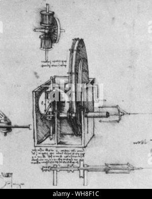 Une broche circulaire dans le centre-avant-plan de dessin de Léonard de Vinci. Leonardo da Vinci (1452-1519) était un architecte italien de la Renaissance, musicien, anatomiste, inventeur, ingénieur, géomètre, sculpteur et peintre. . . Banque D'Images