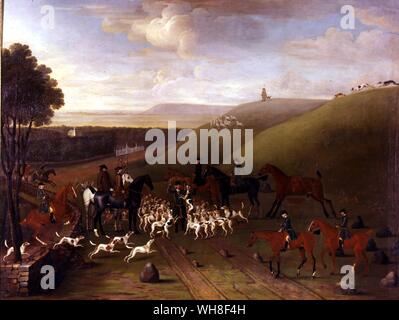 Un kill à Ashdown Park par James Seymour, c. (1702-1752) en 1743. L'histoire de chasse au renard par Roger Longrigg, page 65.. La configuration de cette scène de chasse a été animée le Berkshire estate de Fulwar, 4e baron Craven, qui est représentée de profil sur un chasseur gris foncé à gauche. Son pavillon de chasse, Ashdown House, apparaît dans la distance. Seymour objet n'était exclusivement des scènes sportives. Il a peint dans une manière plutôt naïve, à l'aide d'un formulaire simple de la perspective et avec les chiffres et les animaux disposés dans des poses. Ses intérêts sont plutôt dans le motifs décoratifs dans le Banque D'Images