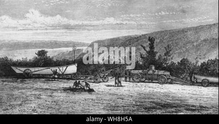 'Stanley se reposait au camp entouré par les carcasses de ses bateaux échoués...' Sir Henry Morton Stanley (également connu sous le nom de Bula Matari, disjoncteur de roches au Congo), né John Rowlands (1841-1904), était un 19e siècle, le Gallois-né, journaliste et explorateur américain célèbre pour son exploration de l'Afrique et sa recherche de David Livingstone. L'aventure africaine - une histoire de l'Afrique de l'Explorers par Timothy Severin page 264. Banque D'Images