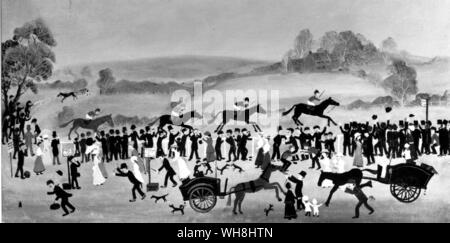 Warrington, Cheshire, est une petite ville près de Chester. Il a suivi son voisin avec un hippodrome en 1622. Il n'a jamais atteint l'importance et était un battement d' 'la plupart de sa longue vie. Cette scène, d'un souvenir délicieusement enfance édouardienne, comprend un homme en fuite avec un bookmaker's besace. L'histoire des courses de chevaux par Roger Longrigg, page 280. Banque D'Images