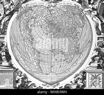 Carte du monde par Orontius Finaeus, 1566. Oronce Finé (en latin, ou Finnaeus Orontius Finaeus) (1494-1555), mathématicien et cartographe français. Né à Briançon, le fils et petit-fils de médecins, il a fait ses études à Paris (Collège de Navarre), et obtenu un diplôme de médecine en 1522. Il a inventé une projection de carte en forme de coeur, souvent utilisées par d'autres cartographes, tels que Peter Apian et Gerardus Mercator. Finaeus tenté de concilier découvertes dans le Nouveau Monde avec de vieilles légendes médiévales et de l'information (dérivé de Ptolémée) en ce qui concerne l'Orient. L'Antarctique : La dernière Banque D'Images