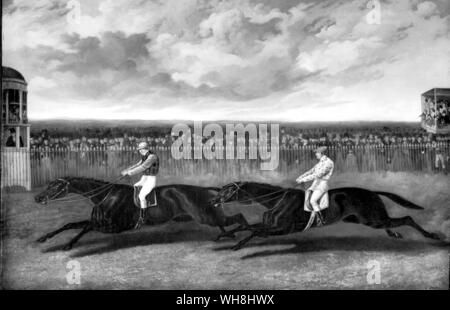 Flying Dutchman, remportant de voltigeur à York 1851. Darley Arabian Sire line : Le Roi Fergus Direction générale. Le hollandais volant a été un cheval doué de la plus haute classe. Cette re-match, plus de deux milles, tenue le 13 mai 1851, a été présentée comme le match du siècle. Les tribunes étaient remplies de milliers de spectateurs, et ils ont eu droit à un magnifique spectacle de course. Voltigeur, transportant huit livres et demie de moins que son rival et en vertu d'un nouveau partenaire, Nat Flatman, a fait toute la course jusqu'à une centaine de mètres de la maison lorsque le Hollandais volant, en vertu d'un sobre Charles Marlow, allaient aux côtés Banque D'Images