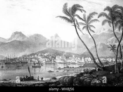 Port Louis, capitale de l'île Maurice. Après sa déception dans le paysage de l'Australie, Darwin a constaté que "l'aspect de l'île d'égale les attentes soulevées par les nombreux bien connue de ses beaux paysages hansets'. Darwin et le Beagle par Alan Moorhead, page 238. Banque D'Images