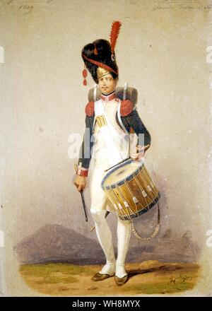 ... Son pouvoir essentiel-base, l'instrument par lequel il avait enfin atteint le sommet...'. L'infanterie de ligne - 1809 le batteur. À partir de détails la peinture du 1re armée Types Empire par Pierre et Hippolyte Lecomte. Musée de l'armée, Paris. Banque D'Images