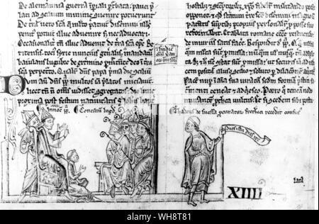 Innocent IV excommunie (ou déclare) Frederick II, Saint Empereur romain au conseil de Lyon'miniature à partir de la Chronique de Matthieu Paris 13 siècle Banque D'Images