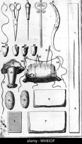 Les sutures pour la couture des blessures et des instruments et des navires pour la purge de cours d'opérations de chirurgie, Paris, 1714 Banque D'Images