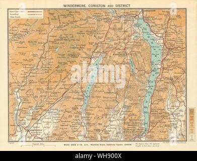 WINDERMERE ET CONISTON WATER. Lake District Ambleside Cumbria. WARD LOCK 1935 map Banque D'Images