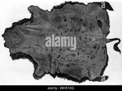 Ce "winter count' tiré sur une peau de bison a symbole pour chaque année à partir de 1800-1871. L'homme blotched dans le centre représente l'épidémie de variole 1801-2, la flèche tipi-perçage marque un massacre par les Dakotas en 1839-40 et ainsi de suite.. Banque D'Images