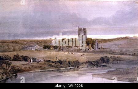 Kirkstall Abbey Yorkshire - 1801. par Thomas Girtin. V & A. Comme les jeunes hommes, les amis J.M.W. Turner et Thomas Girtin étaient employés par le Dr Thomas Monro, le médecin qui avait tendance Cozens après la perte de son équilibre mental, pour copier des dessins par Cozens et d'autres artistes. L'une des conceptions les plus spectaculaires de Girtin est Kirkstall Abbey, Yorkshire - soirée, une aquarelle de autour de 1801, d'après les croquis de l'abbaye cistercienne de Kirkstall, près de Leeds. Ses éclairages spectaculaires, palette solennelle et échelle panoramique rappeler plus tôt, alors que les paysages néerlandais le motif d'un clocher d'église au coucher du soleil était devenue une Banque D'Images