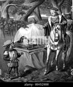 Blanche Neige et les Sept Nains. Le Prince trouve Snow White dans son cercueil de verre. La gravure sur bois chez Routledge Jouet Shilling du livre, peu de neige, Whie, ch. 1870.. Banque D'Images