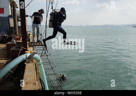 (190902) -- LHASA, 2 septembre 2019 (Xinhua) -- sans date photo montre les membres d'une équipe archéologique effectuant un examen sous-marin dans la mer Jaune. Les archéologues chinois a déclaré lundi qu'ils ont confirmé l'épave d'un cuirassé site chinois coulé dans la mer Jaune par les envahisseurs de la flotte japonaise en 1894. La conservation du patrimoine culturel subaquatique (Centre de l'Administration du patrimoine culturel national de Chine/document via Xinhua) Banque D'Images