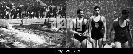 France, Paris, 1924 Jeux Olympiques : 400 mètres natation, finale Johnny Weismuller mène Borg (photo de gauche). et photo de droite, l-r, UN Charlton (3e) , Johnny Weismuller (1er, USA) et d'un Borg (2e).. Banque D'Images