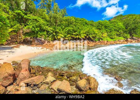 Caiman à distance entre plage Anse Fourmis et Anse Cocos protégés par d'énormes formations rocheuses, La Digue, Seychelles, océan Indien, Afrique Banque D'Images