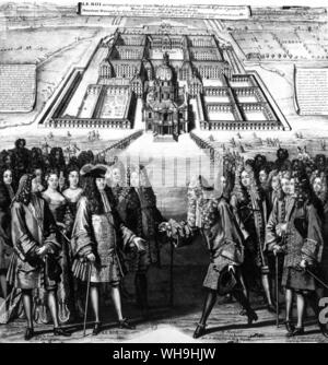 Le roi Louis XIV et la cour by visiting les invalides, le 28 septembre 1706. Louis XIV (1638-1715, Roi de France de 1643). 'Le Roi Soleil'. Banque D'Images
