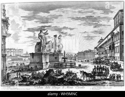 Giambattista Piranesi (1720-1778), architecte et artiste graphique. Du piranèse vue du cheval-tamers sur Monye Cavallo et Palais du Quirinal (droite). La fontaine a été démoli et rénové en 1782. L'obélisque, maintenant une caractéristique de ce groupe de fontaine a été ajouté en 1786. Veduta della Piazza di Monte Cavallo. Banque D'Images