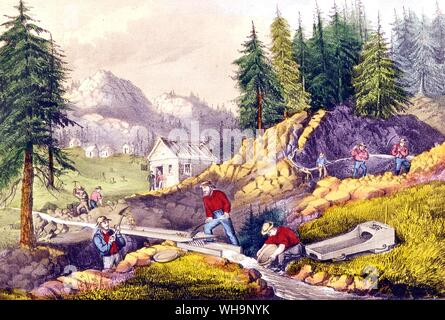 L'extraction de l'or en Californie - lithographie de Currier et Ives, 1871 Banque D'Images