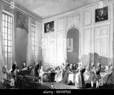 Salon de la mode de la vie à Paris n'a pas beaucoup changé au cours du règne. Un thé dans le salon du Prince de Conti en 1766 montre le président Hénault, la Marechale de Mirepoix, Jeliotte - Madame de Pompadour - maître de chant et le jeune Mozart, par Michel Barthélémy Ollivier Banque D'Images