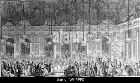 La balle de l'ifs taillés dans la Galerie des Glaces, le 25 février 1745. Détail d'une gravure de Charles-Nicolas Cochin Banque D'Images